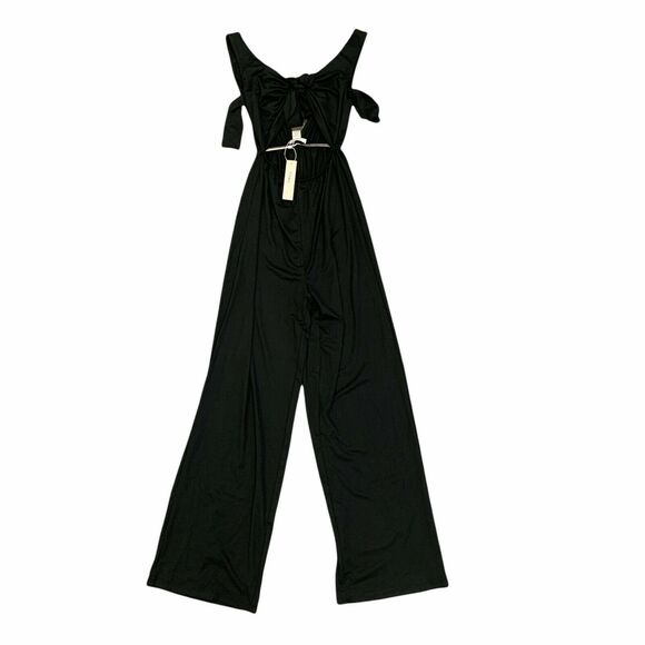 Capella Long Jumpsuit Women's Size M Black Open Front Tie Wide Leg Stretch - Picture 4 of 10